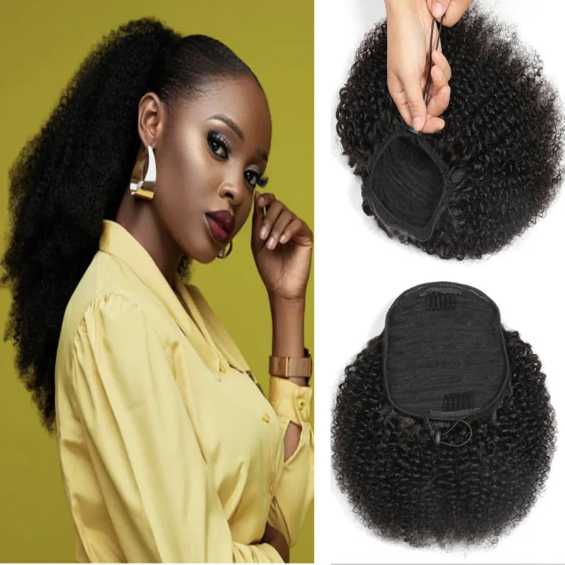 Ishow Human Hair Extensions Wefts Pony Tail Yaki Straight Afro Kinky Curly Ponytail for Women All Ages Natural Color Black 8-20inch