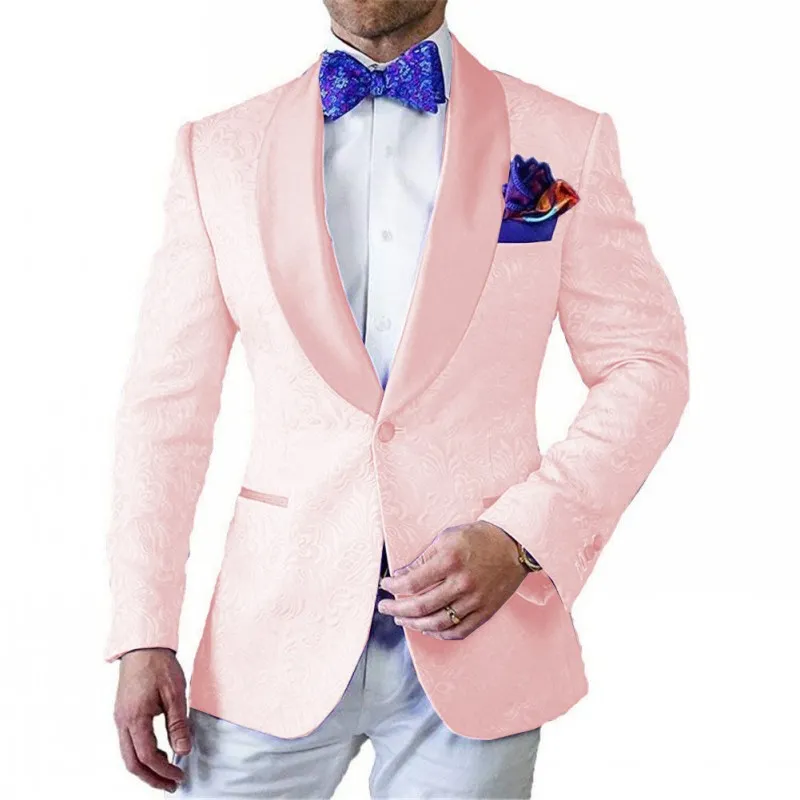 Brand New Hommes Costumes Rose Motif et Ivoire Marié Tuxedos Châle Revers Garçons D'honneur De Mariage Meilleur Homme 2 Pièces (Veste + Pantalon + Cravate) L469