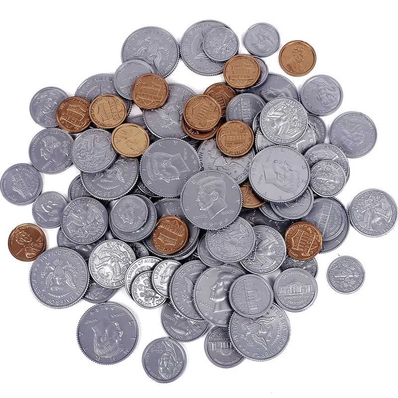 Zagraj w Money Monety 100pcs/Set Pennies 20 Każdy z One Cent Nickles Dimes i kwater pół dolarów Fałszywa plastikowa moneta dla dzieci Nauka