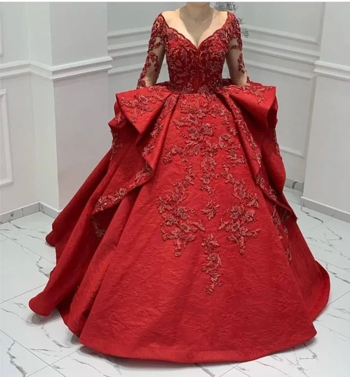 Modest Dubai Arabic Dark Red Long Sleeve Quinceanera Dresses D Appliques Lace Ball Gown Sweet Formal Evening Gowns Vestodps De Anos