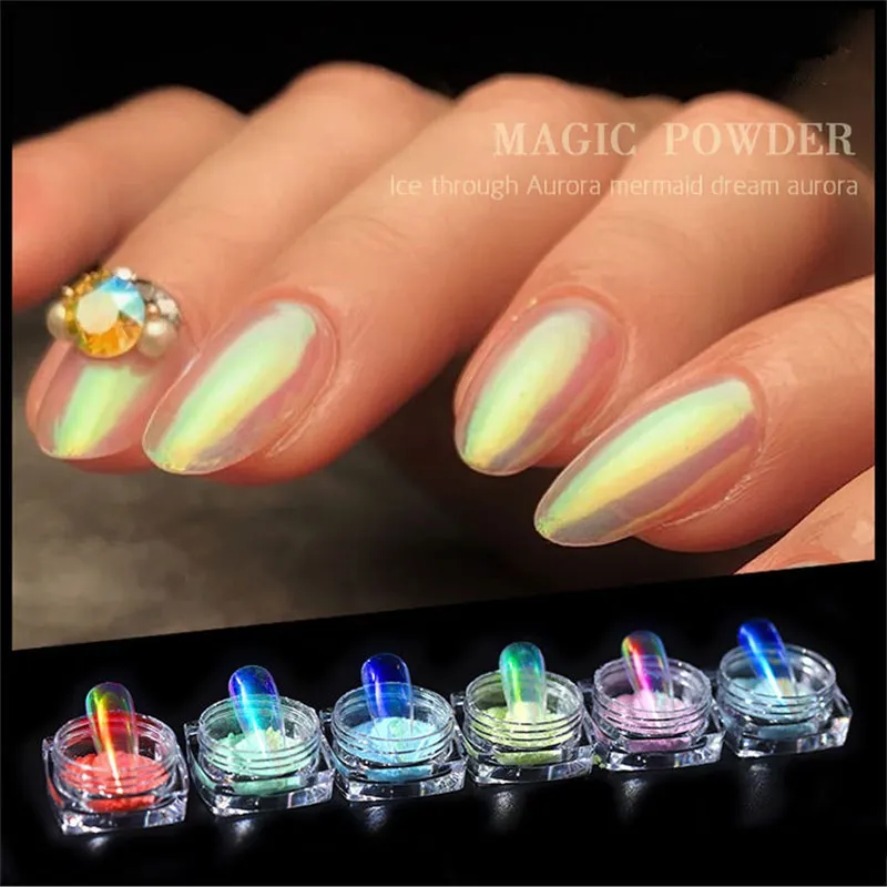 Nuovo Ice Through Nude Pink Aurora Nail Powder Specchio sirena Specchio magico Polvere Gel UV Pigmento Laser Decorazioni per nail art