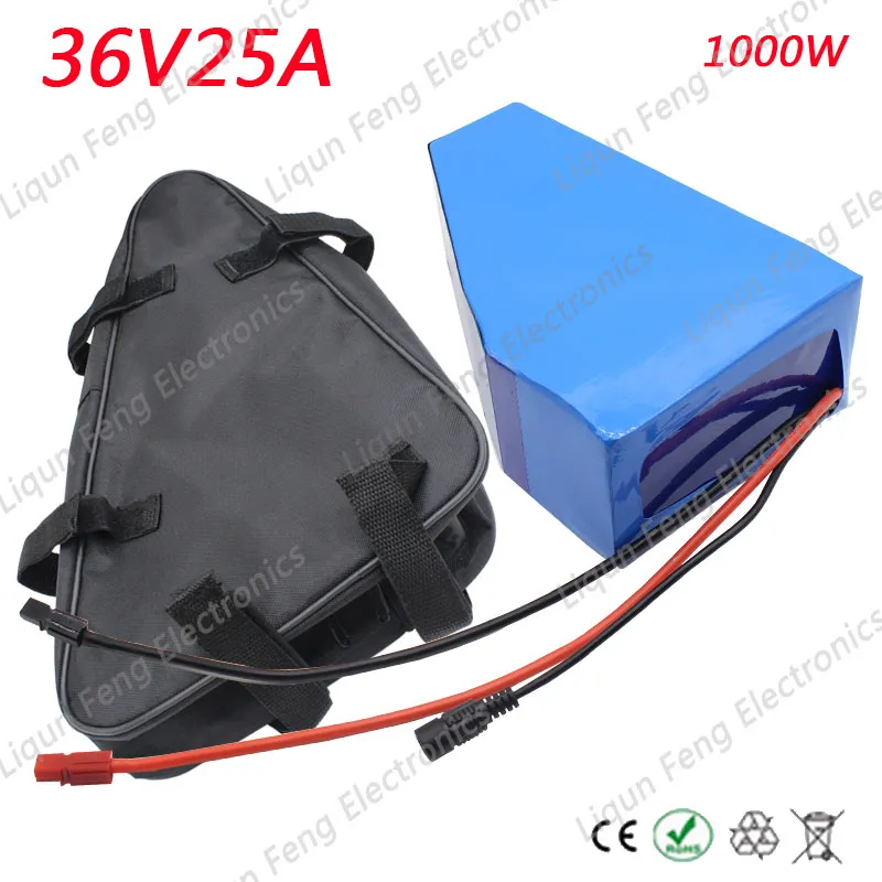 EU US No Tax Power 1000W 36V Triangle battery 36V 25AH Electric Bike battery with Bag PVC Soft package case 30A BMS 2A charger