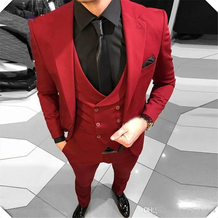 Populaire One Button Groomsmen Notch Lapel Groom Tuxedos Hommes Costumes Mariage / Prom Best Man Blazer (Veste + Pantalon + Gilet + Cravate) 672