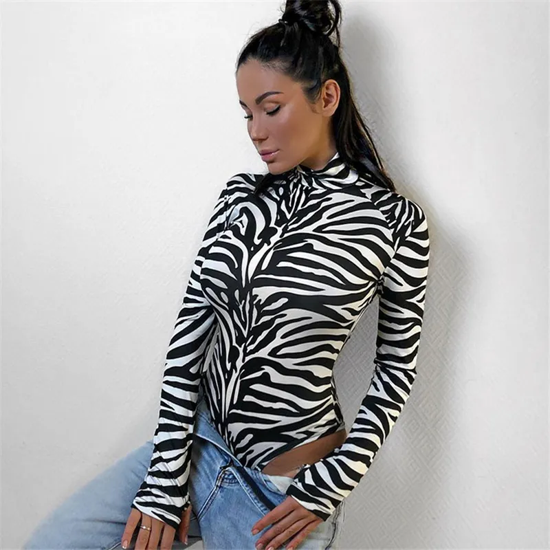 Rollkragen-Body mit Zebra-Print, langärmelig, Body für Damen, Schwarz, Weiß, Baumwoll-Body, Damen-Skinny-Sexy-Jumpsuits