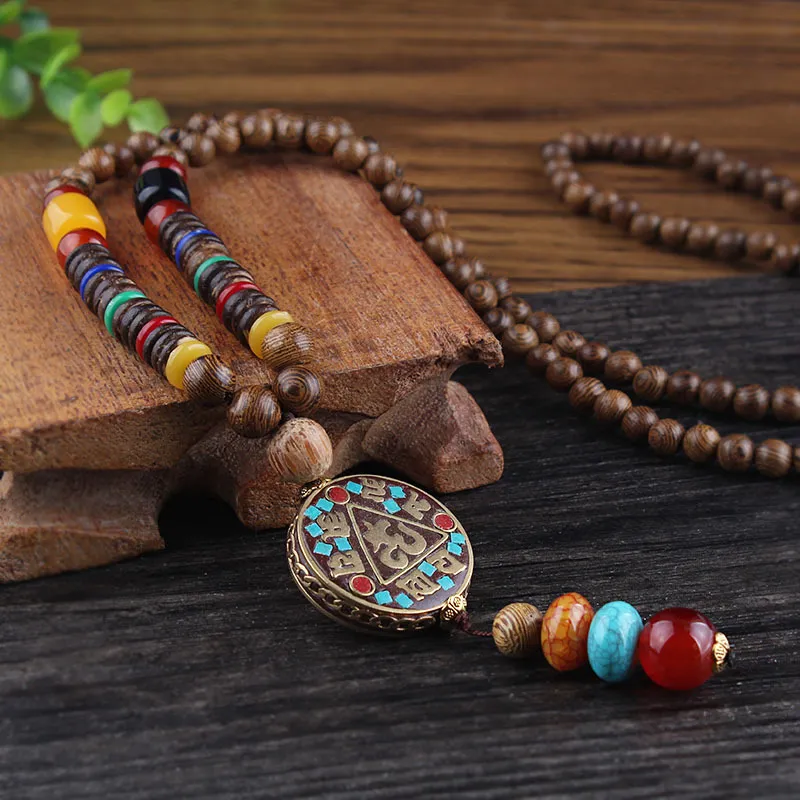 SEDmart Retro Ethnic Wood Lotus Buddha Statue Pendant Necklaces for Women Nepalese Mantra Wooden/Glass Beads Sweater Chain Gifts