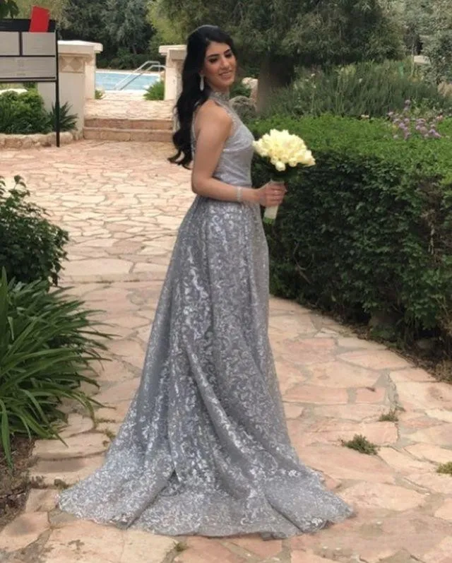 2020 Bling Silver Gold Cekinowe Koronki Suknie Wieczorowe Nosić High Neck Illusion Sweep Cekiny Custom Plus Size Prom Party Pageant Suknie