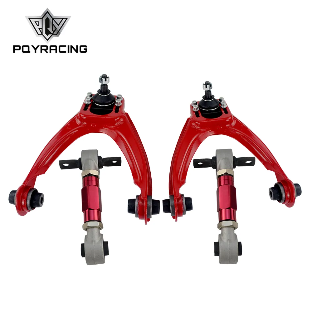 PQY - Front Upper Control Braccio Tube Camber Kit per 96-00 Civic LX DX EK EJ Tubular + 92-00 Arms Regolabile Camber Posteriore RED PQY-9871R + 9851R