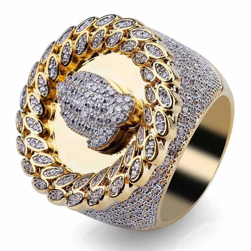 3 vezes 18K Ouro Amarelo Cromado cheia de diamantes para homens Top Quality fashaion Hip hop Acessórios Punk Blessing HandsRing