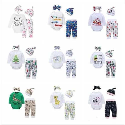 Kinderkleidung Baby Mädchen Boutique Anzüge Designer Mode Outfits Tier bedruckte Tops Hosen Hüte Stirnband Weihnachten Cartoon Kleidung Sets 5245