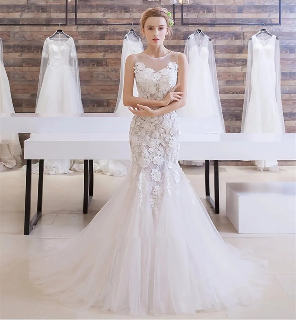 knee length dresses for ladies Handmade Beaded Top Wedding Dresses V Neck Long Sleeves Bridal Gowns L –  DSProm