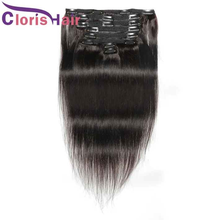 フルヘッド8pcs 120g/セットストレートマレーシアのバージンクリップ＃2黒女性のための最も暗い茶色の自然な人間の髪織りクリップイン