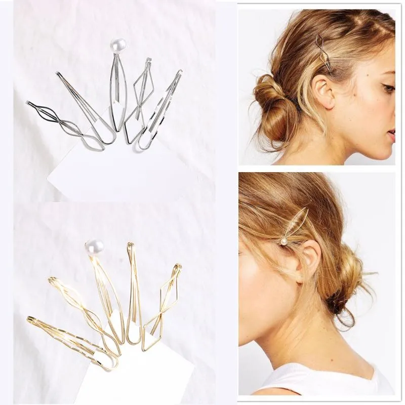 Geometric Pearl Hair Clips Set - Elegant Gold & Silver Side  display picture 3