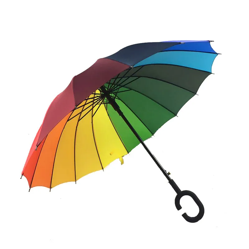 C Hak Rainbow Parasol Długi uchwyt 16K Proste Wiatroszczelne Colorful Pongee Parasol Kobiety Mężczyźni Sunny Dealy Parasol W MAGAZYNIE WX9-637