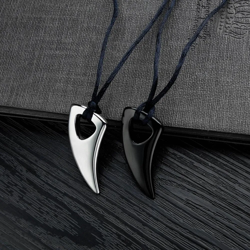 Mens Black Stainless Steel Wolf Teeth Alpha Spear Pendant Adjustable Chain Necklace