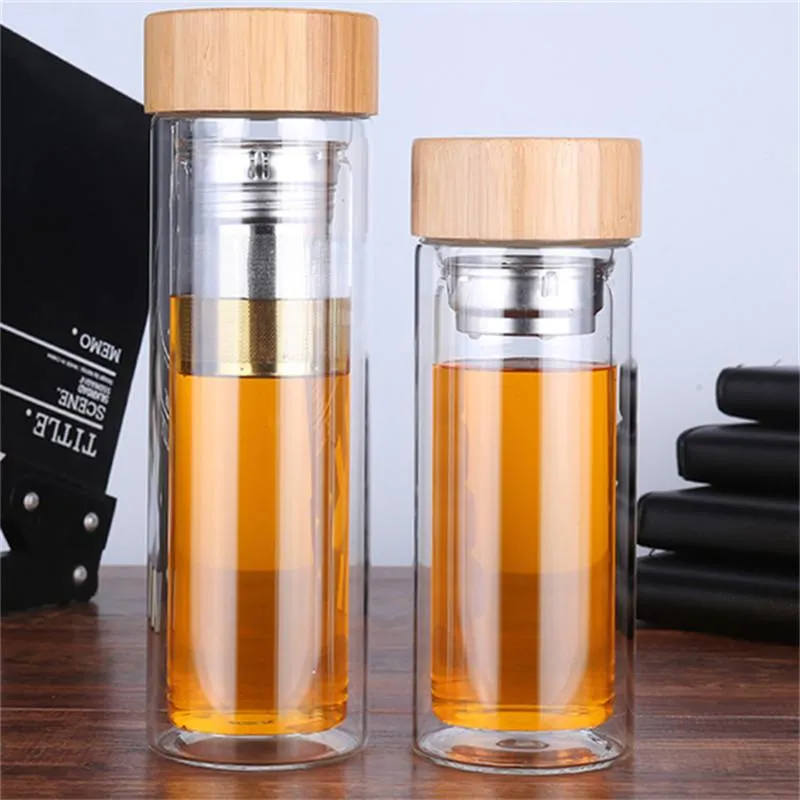 Bicchiere da tè in vetro a doppia parete con coperchio in bambù da 350 ml/450 ml. Include filtro e cestello infusore all'ingrosso LX0121