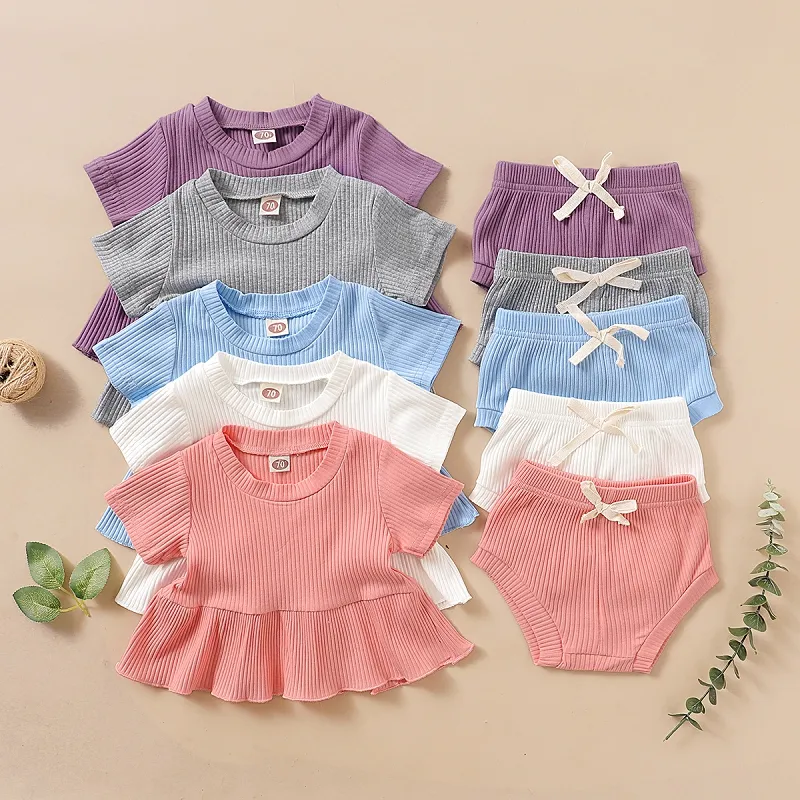 ベビーガールズソリッド服セット夏の幼児の半袖ドレストップ+ PPパンツ2本/セットブティック子供の因果関係衣装M1957