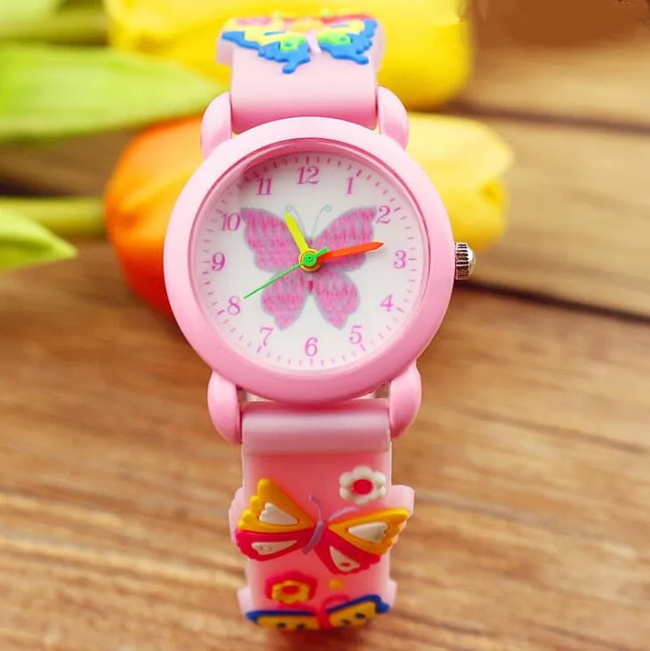 Söt Kid Watch 3D Cartoon Butterfly Flower Silikon Band Barn Klockor Candy Rubby Quartz Armbandsur Baby Girls Outdoor Clock