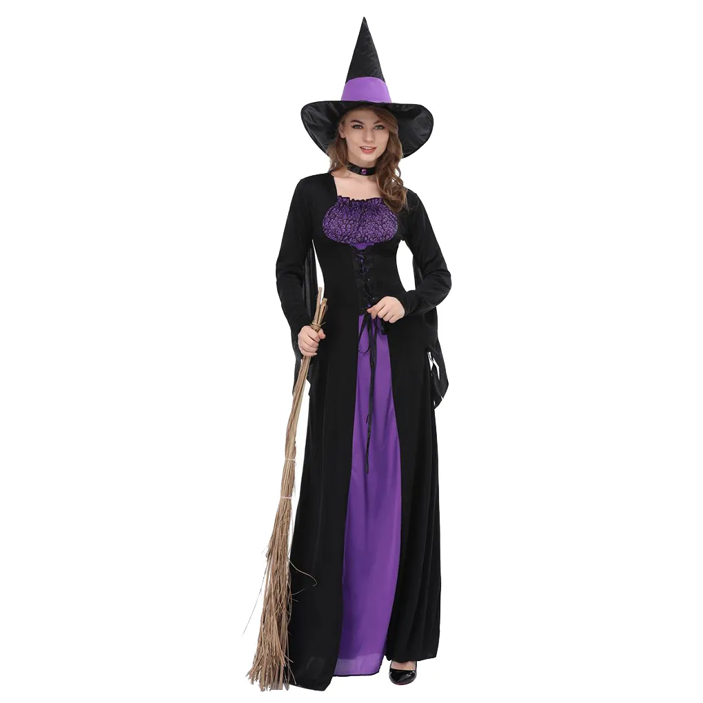 Costume de sorcière pour femmes adulte Sexy violet queue d'hirondelle bretelles robe chapeau femme Costume Halloween carnaval fête mascarade Cosplay fête