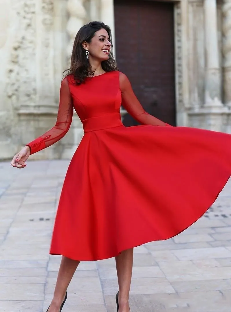 Sheer mangas compridas vermelho vestidos de baile uma linha jóia pescoço sem costas chá comprimento cocktail vestidos de baile mãe vestidos formais