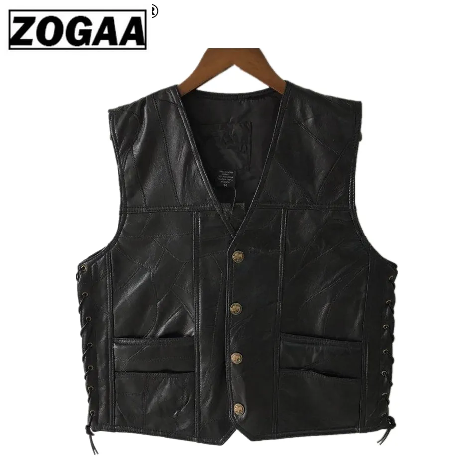 Motorcycle Vest Leather Men's Black Waistcoat Male Biker Punk Genuine Leather Button Lace Up Autumn Sleeveless Jacket For Men