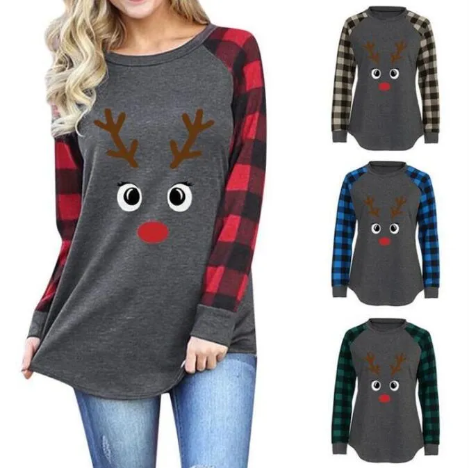 Plaid Shirts Girls Patchwork Christmas Tops Letter Long Sleeve T-shirts O-neck Casual Pullover T-Shirt Girls Truck Tees Blouses Blusas C6927