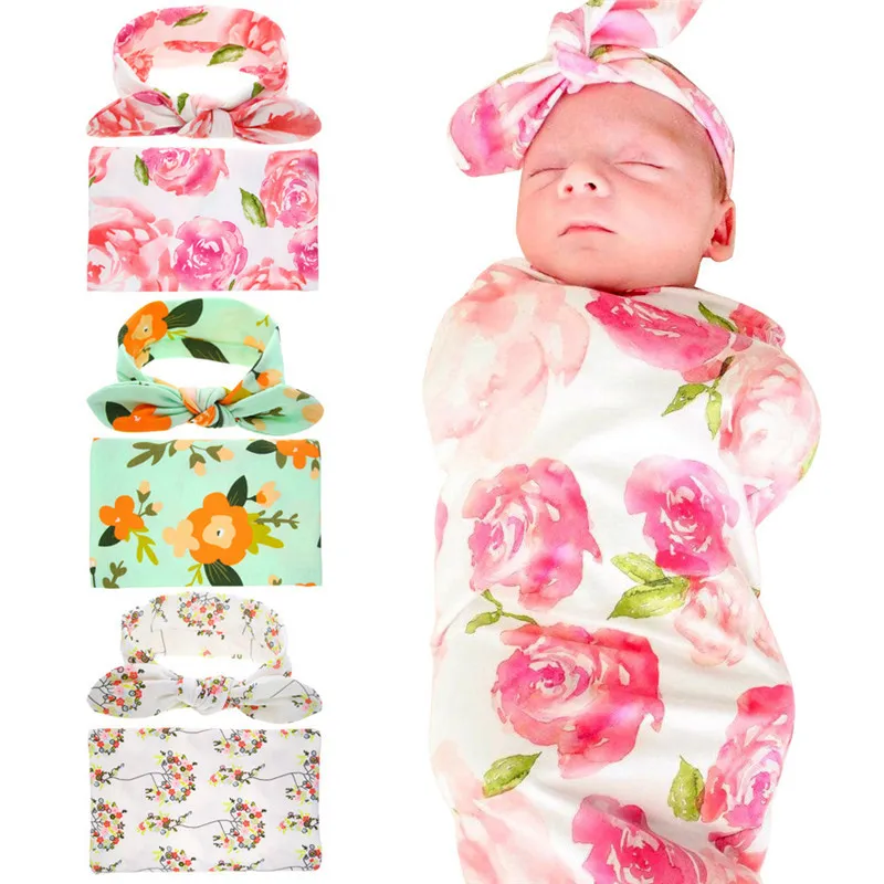 Cobertores para bebê recém-nascido envoltórios + tiaras de orelhas de coelho 2 peças Conjunto de panos para fotos com flores florais berçário roupa de cama D3510