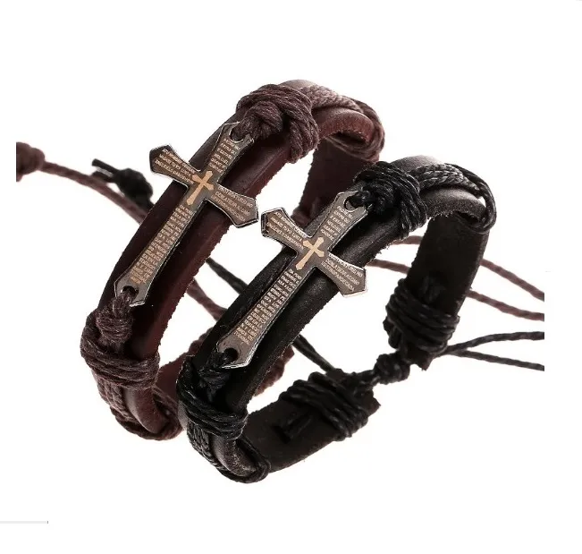 Vintage Leather Bracelets Bangles Metal Cross Jesus Charm Bracelet Adjustable Wax Cord Bracelet For Men Women