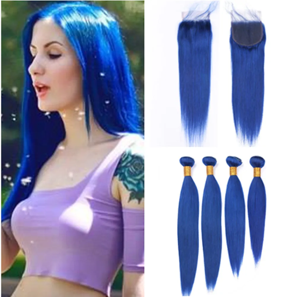 Cheveux humains bleu foncé 4 faisceaux et fermeture brésilienne droite couleur bleue tisse des extensions de cheveux vierges avec pièce de fermeture en dentelle 4x4"