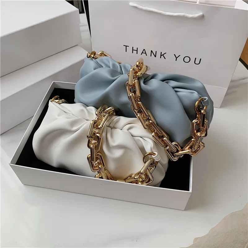 Fashion Shoulder Underarm Bag Female 2020 Popular New Summer Fold Wide Gold Chain Clouds White