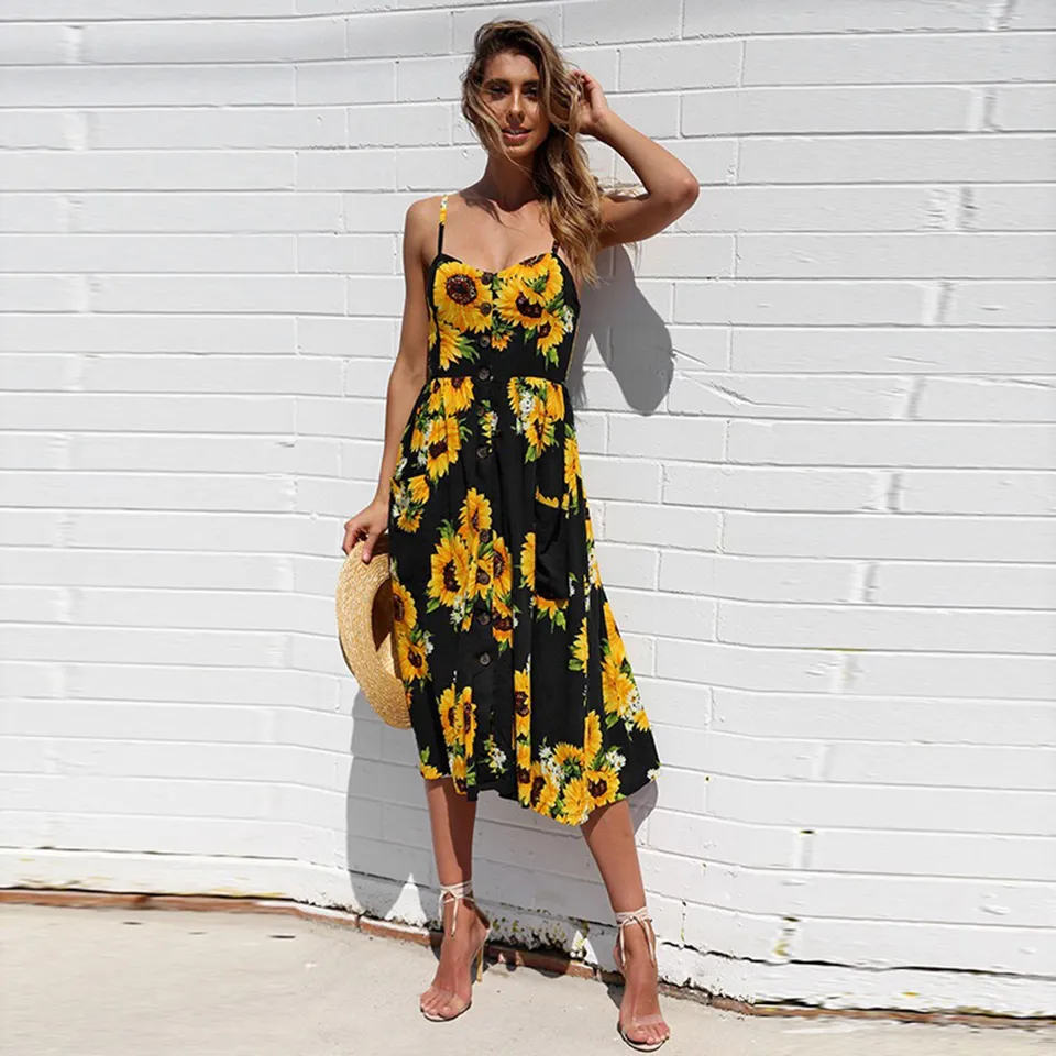 Robe de plage mi-longue à fleurs pour femmes, tenue décontractée, Sexy, col en V, dos nu, style Boho, rayé, boutons, tournesol, fête, été