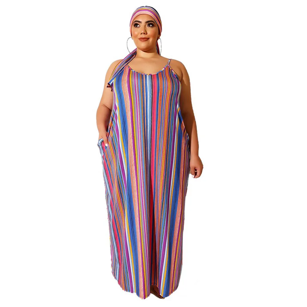 Sexy Plus Size Women's Fashion Print Strap Loose Long Dress - The
