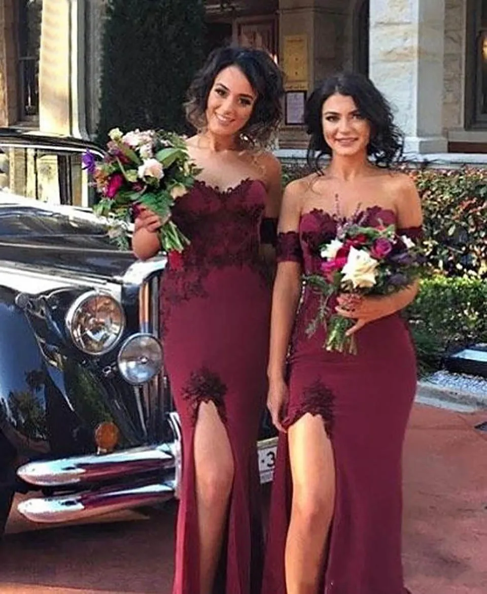 Burgundy Mermaid Bridesmaid Dresses Long Appliques Side Split Zipper — free download
