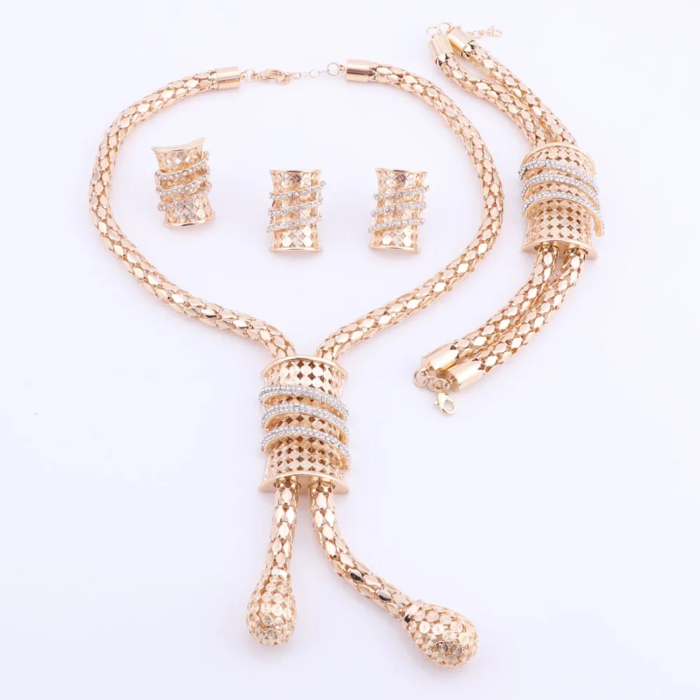 Neues Brautschmuck-Set goldfarbene Kristall-Halskette, Ohrringe, Armband für indische Damenbekleidung, Schmuck-Sets, Geschenk266i
