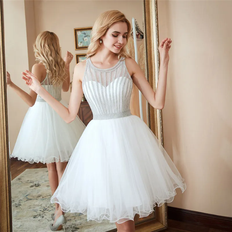 Crystal Organza Short Prom Dresses 2019 Knee Length Party Dress New White Prom Gowns Zipper Back