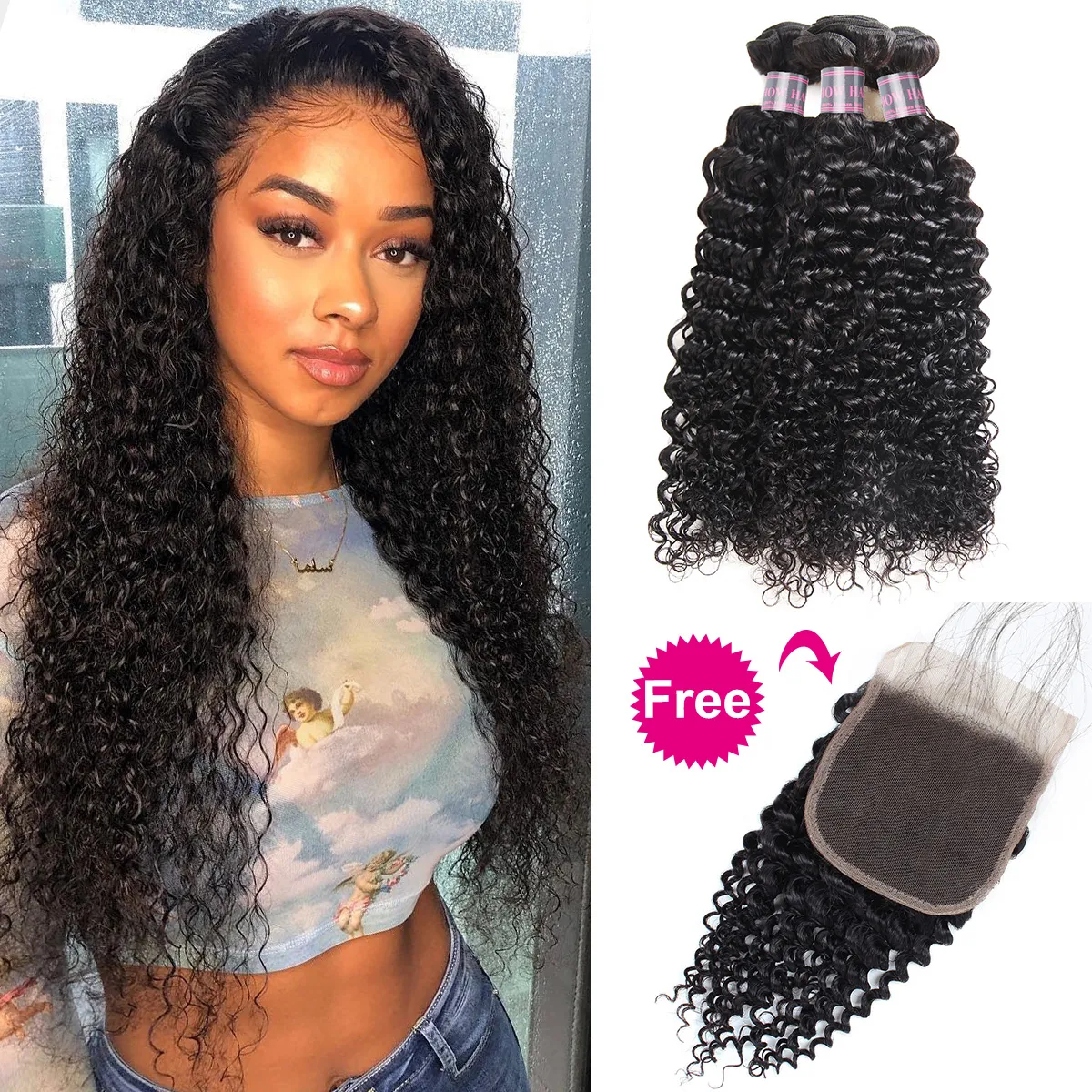 IShow pacotes de cabelo humano peruano com fecho comprar 3bundles obter uma onda solta livre grátis yaki indiano reta cacheado corpo encaracolado para as mulheres 8-28inch jet black