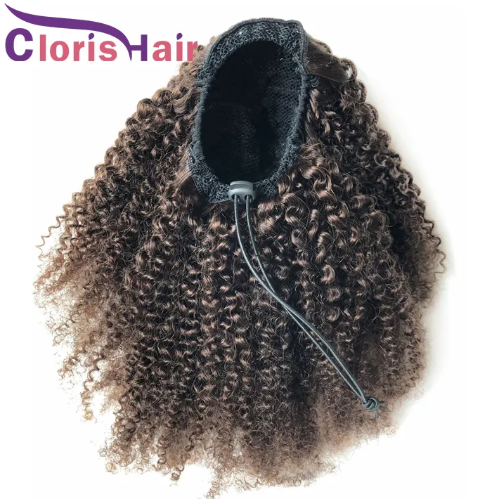 #2 Drawstring Human Hair Ponytail Afro Kinky Curly Brazilian Virgin Pony Tail Extensions With Clip Ins For Black Women Darkest Brown Hairpiece