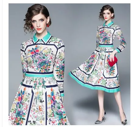 Våren ny design Kvinnor Turn Down Collar Long Sleeve Color Block Print Flowers High midja Midi Long Dress S M L XL XXL