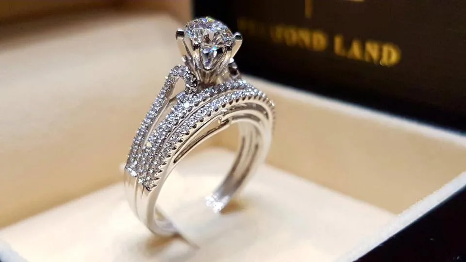 Bridal Charm Couple Rings 2pcs His Her CZ Anniversary Promise Wedding Engagement Ring Sets254L