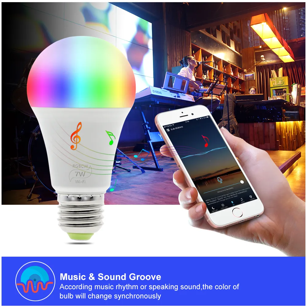 Wifi Smart LED Lampadina Lavoro con Amazon Alexa Google Home RGB + Lampada calda + Luce bianca E27 7W AC85-265V LED Lampadina LED