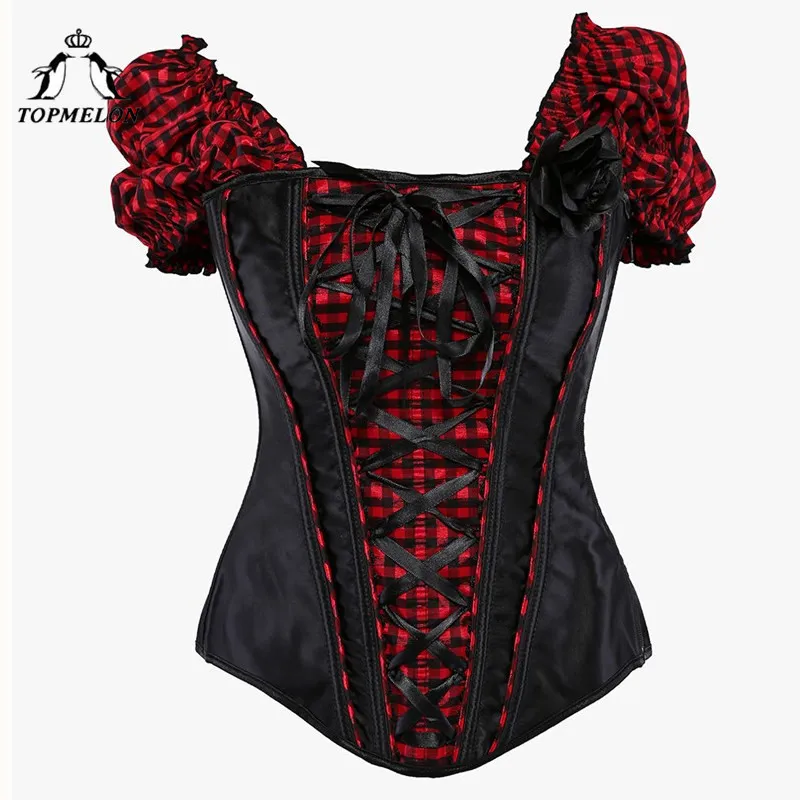 Topmelon steampunk corset kvinnor corselet sexig korsett bustier gotisk retro plaid spets upp visar fest cosplay korsett toppar