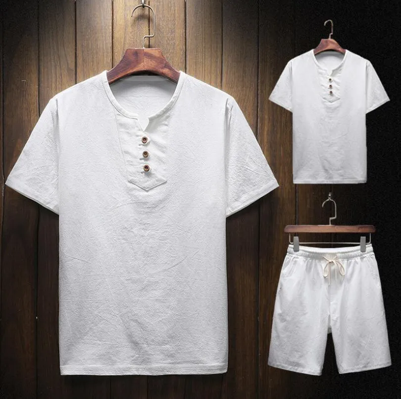 Män Andningsbara Sportkläder Set Sommar Solid Färg T-shirt TRACKSUIT MENS O Neck Flax Drawstring Shorts Suit