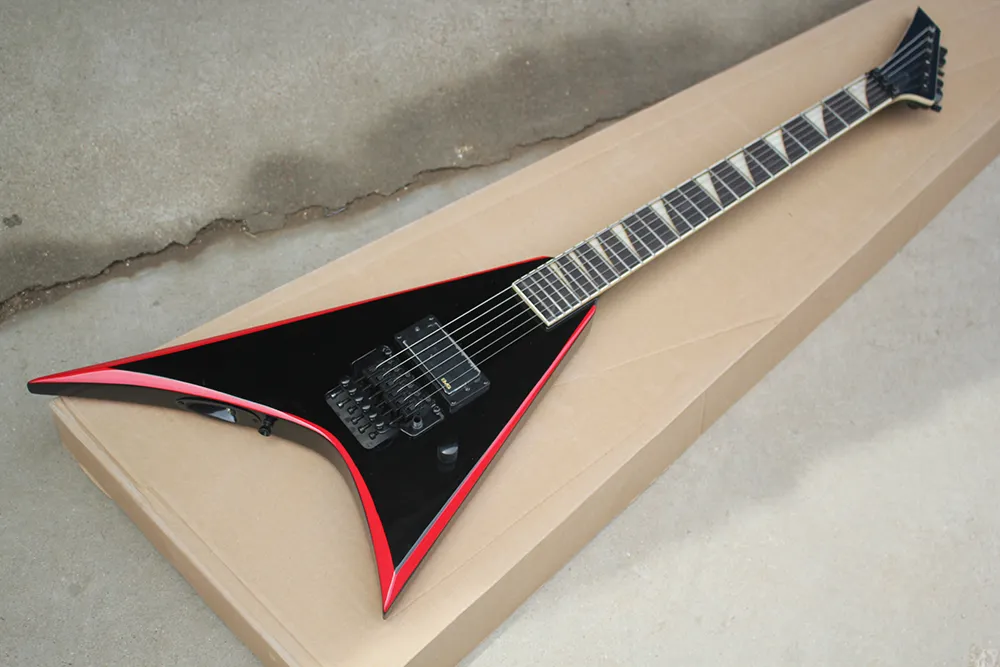 La guitare électrique noire personnalisée en usine avec bande rouge, Floyd Rose Bridge, poupée inversée, peut être personnalisée