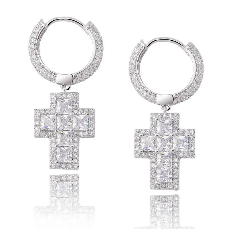 Hip Hop Square CZ Stone Paved Bling Ice Out Cross Earring for Men Women CZ Earrings Male Fashion Jewelry