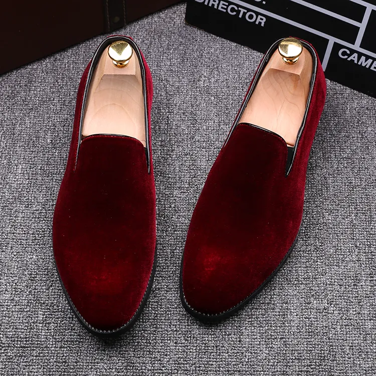 New mens velvet dress shoes loafers pointed wedding casual shoes Red green black shoes