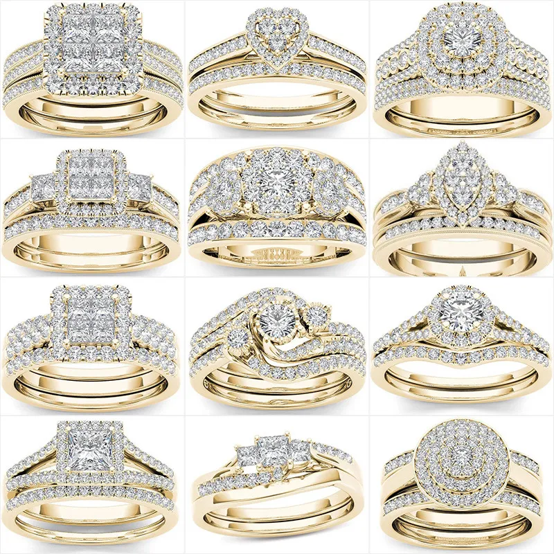 Cristal femme grand Zircon pierre anneau ensemble mode or argent mariée anneaux de mariage pour les femmes promesse amour bague de fiançailles