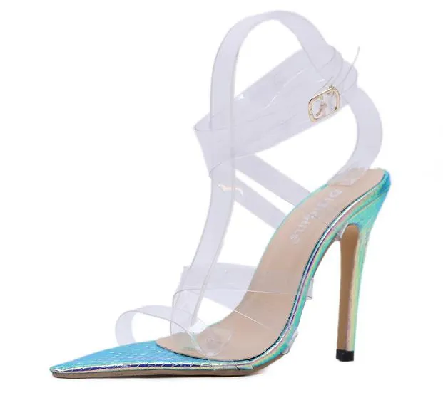 Плюс размер 35 до 40 41 42 свадебной свадьба обуви заостренного носка креста ремень прозрачной четкая высоких каблуки дизайнер обувь