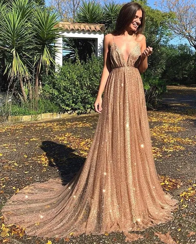 Sexy Rose Gold Sequined Satin Prom Dress with Spaghetti Straps and Backless  Sweep Train from Dhgate Prom Dresses - price 213.96