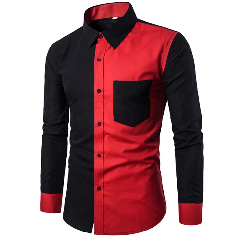 Rouge noir Patchwork Chemise hommes 20202 automne nouveau coupe ajustée hommes chemises habillées décontracté affaires Social Chemise mâle Hit couleur Chemise 3XL