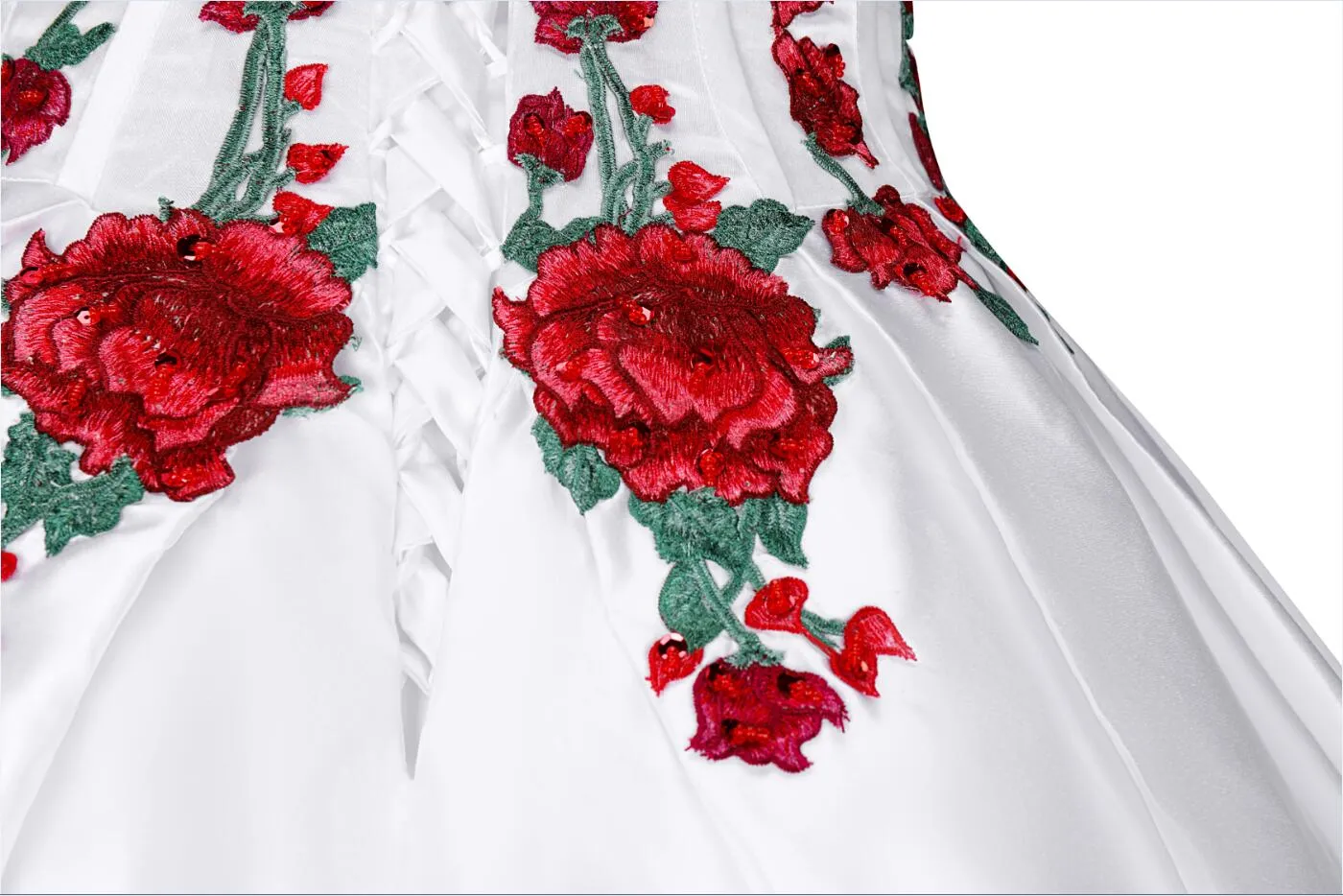 Embroidered White, Red, and Green Quinceanera 50s dress with Beaded Strapless Lace-up Satin - Perfect for Prom, Graduation, Evening Gowns, Formal