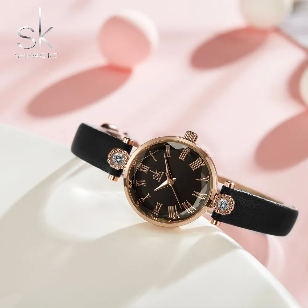 Shengke Luxury Women's Watches Quartz Leather Strap Clock Crystal Dial Decoration Waterproof Ladies Wristwatch Relogio Feminino